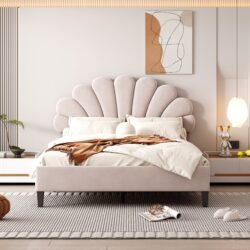 Full Size Upholstered Platform Bed With Flower Pattern Headboard - Beige