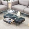 Modern 2 Tier Coffee Table Clear Tempered Glass Top With Marble Texture & Multifunctional Storage Design - Black / Transparent - Image 4