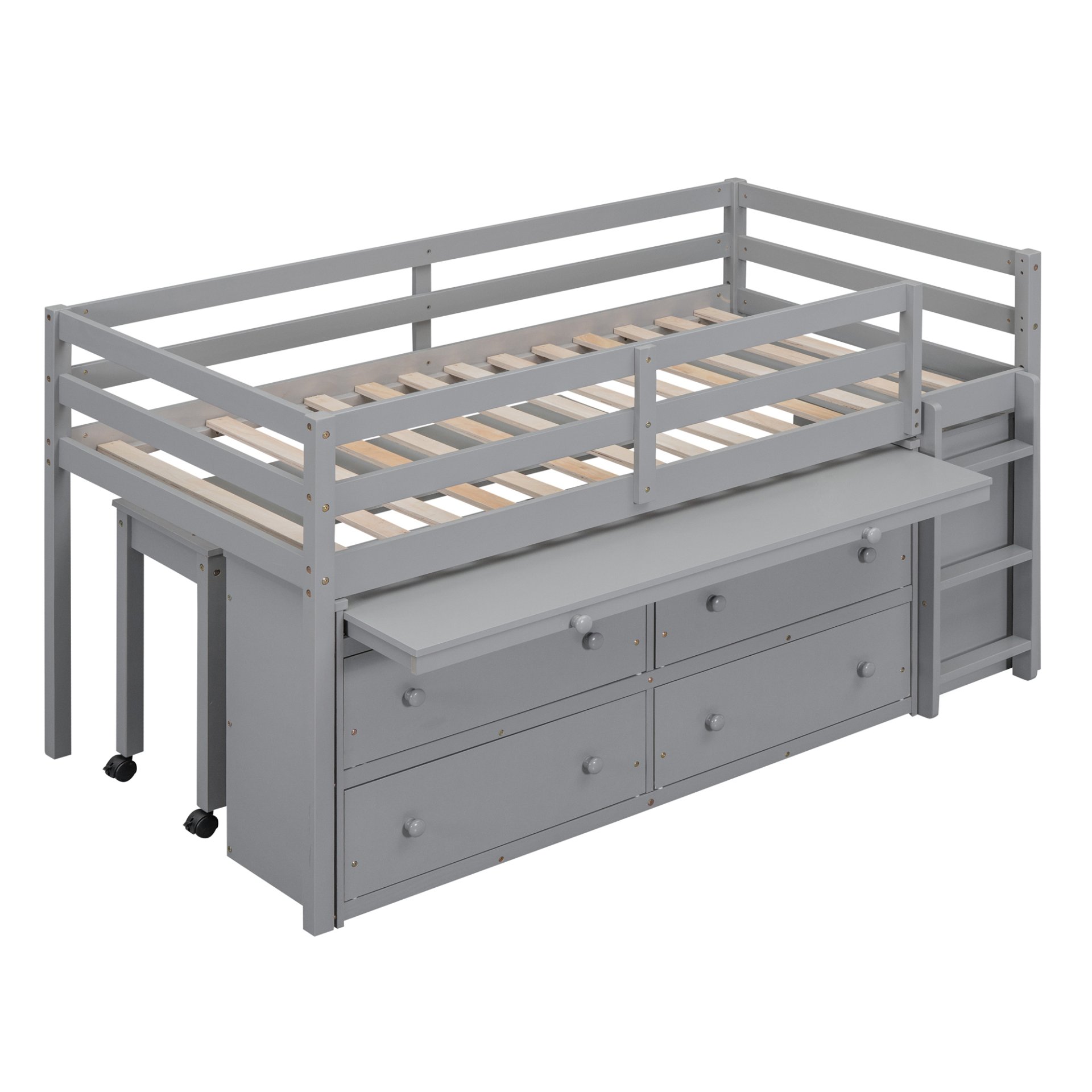 Twin Size Loft Bed With Retractable Writing Desk And 4 Drawers, With Lateral Portable Desk And Shelves - Gray - Image 18