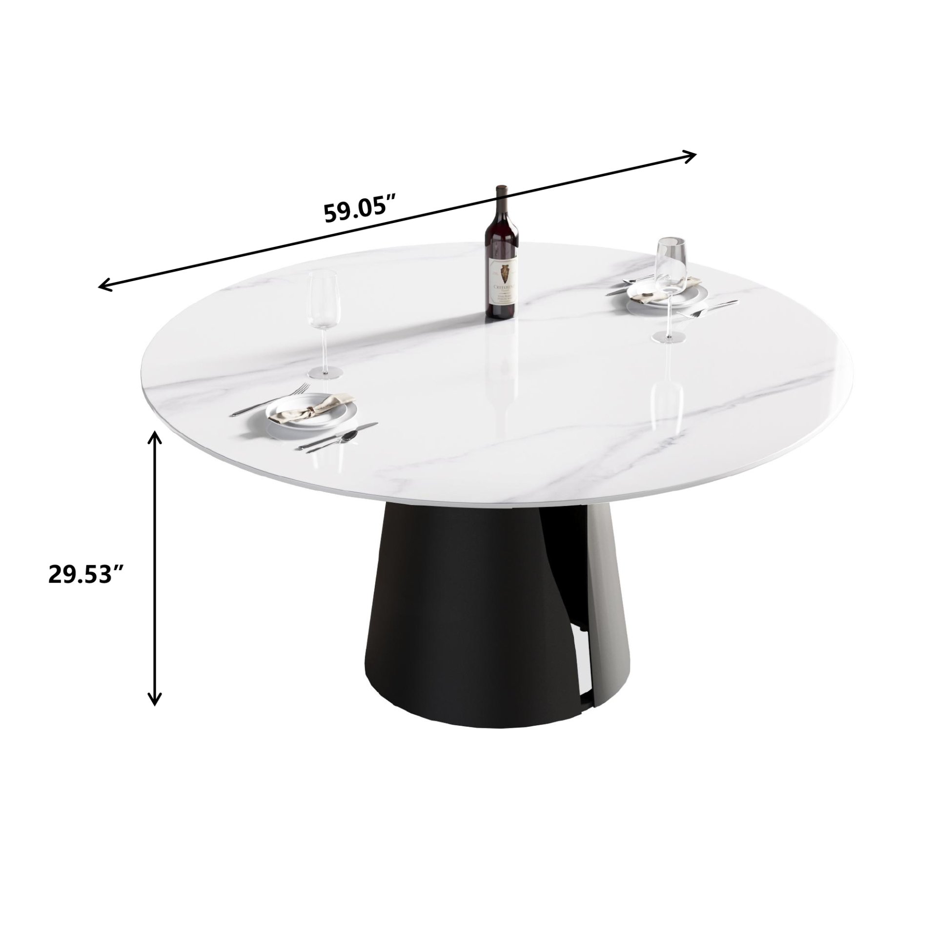 59.05" Modern Artificial Stone Round Carbon Steel Base Dining Table - White / Black - Image 3