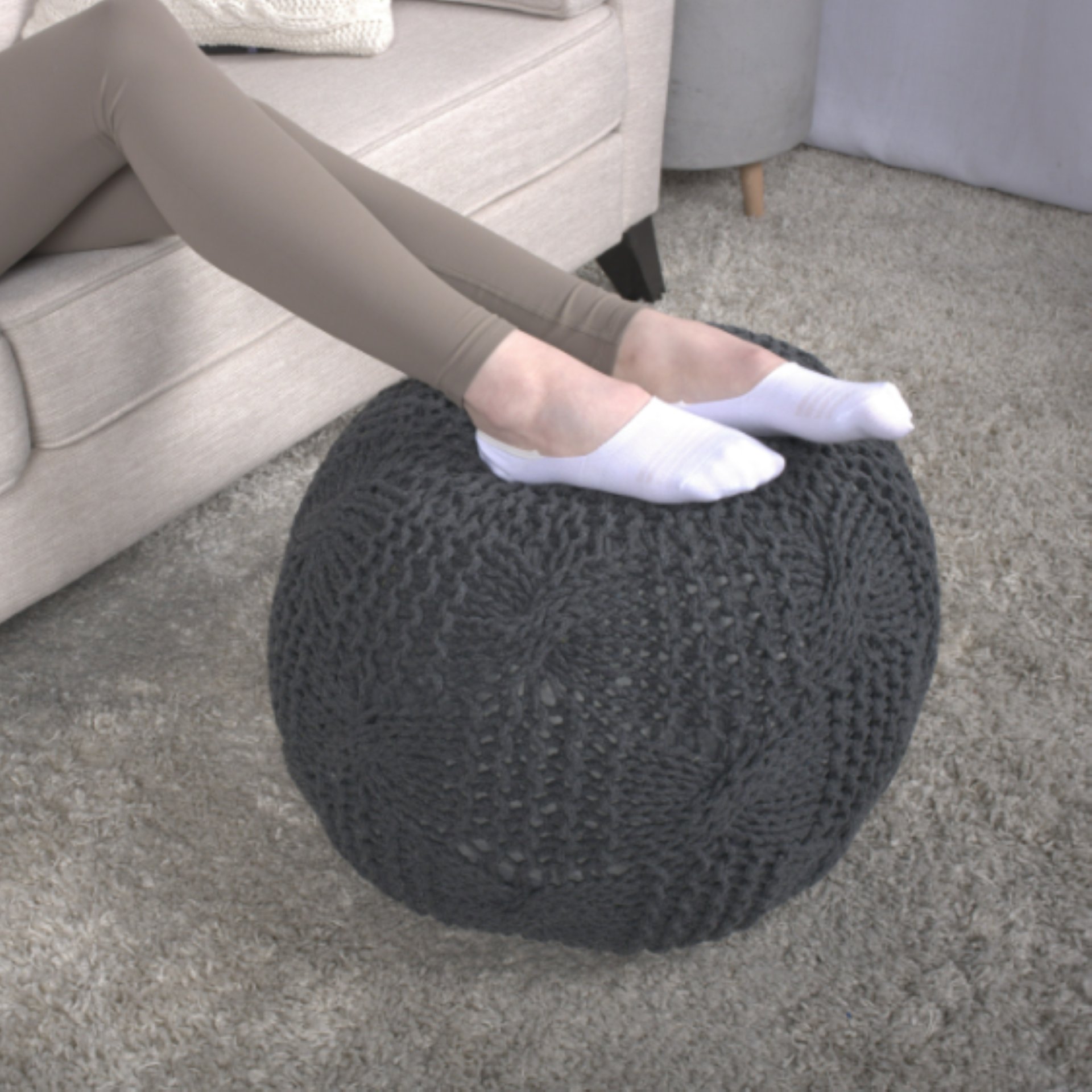 Bordeaux - Knitted Cotton Round Pouf, Multi Purpose Home Accessory - Dark Gray - Image 5