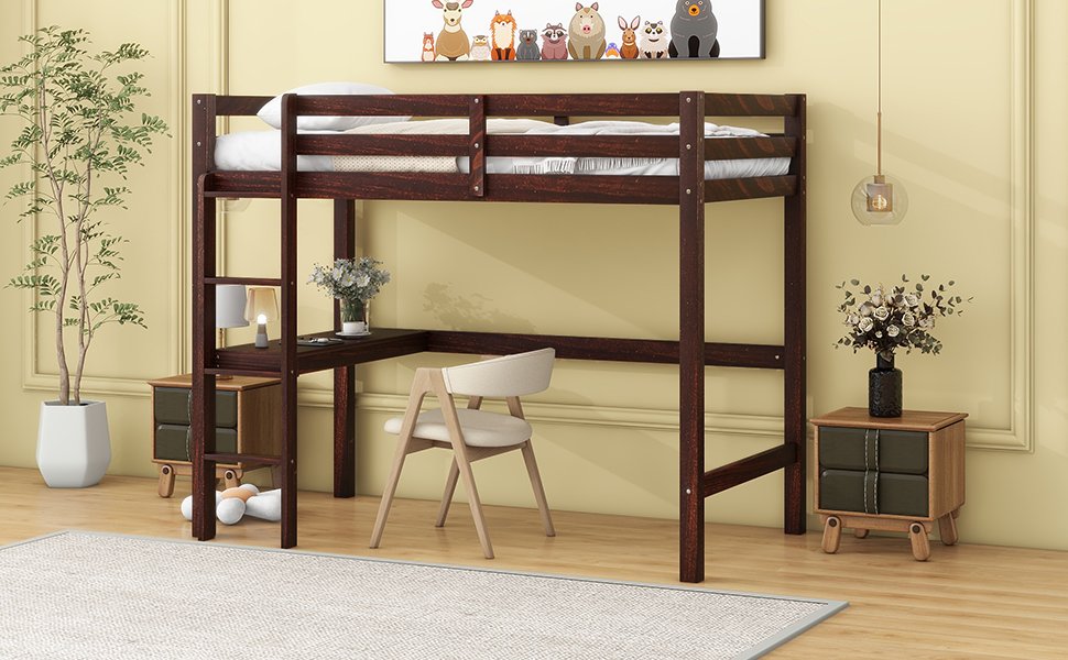 Twin Loft Pine Wood Bed With Built-In Desk, Safety Guardrails, Ladder - Espresso - Image 5
