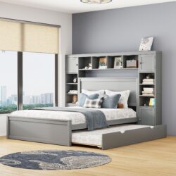 Queen Size Bed With All In One Cabinet, Shelf And Sockets, Twin Long Trundle - Gray