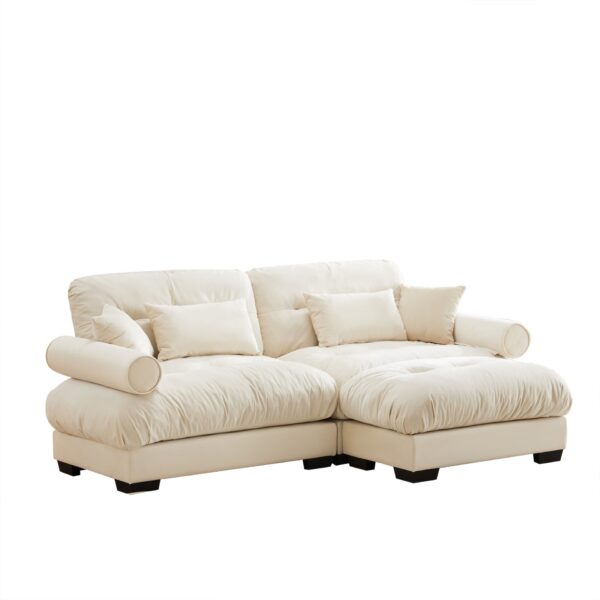 Modern Oversized Velvet 2 Seater Sofa With Ottoman And Bolster Armrests - Cream