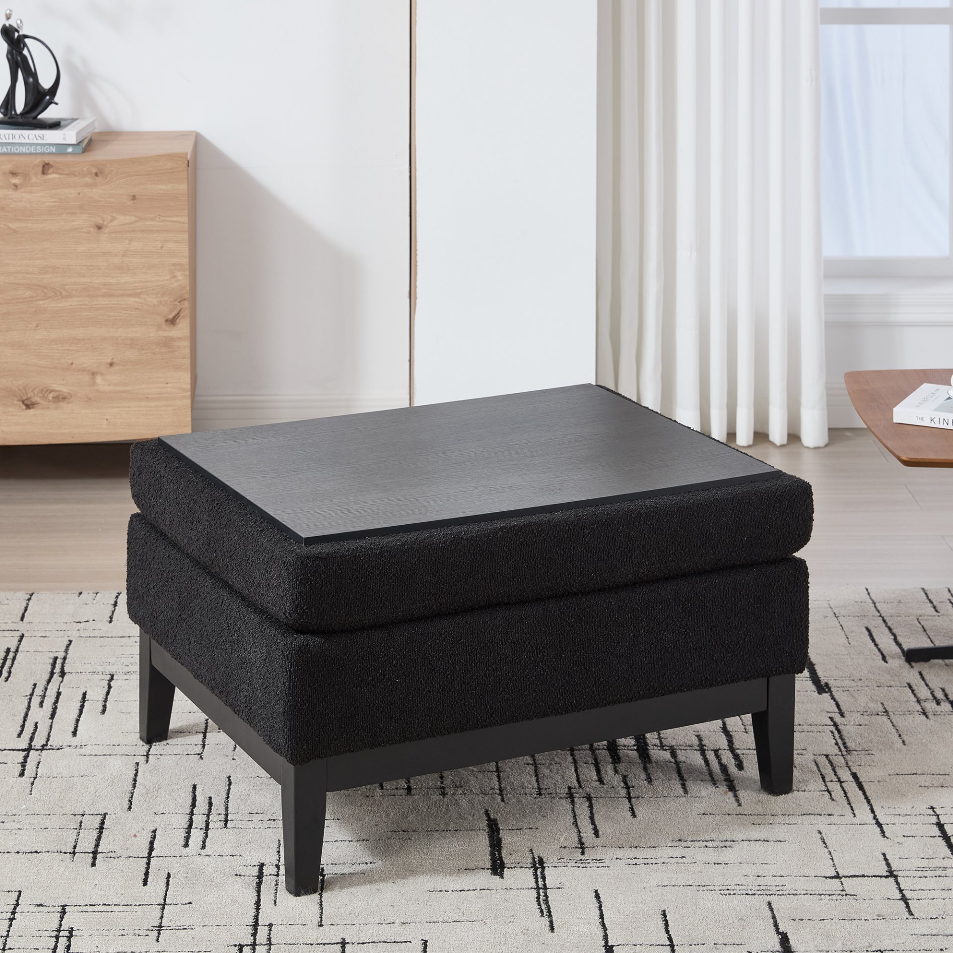 Upholstered Wood Base Storage Ottoman With Reversible Lid Coffee Table, Foot Stool Square Footrest With Rubberwood Legs For Living Room Bedroom Entryway And Office - Black - Image 7