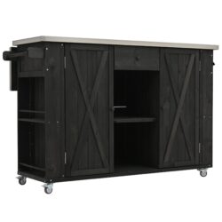 Outdoor Kitchen Island Fir Wood Kitchen Island With Stainless Steel Top, Ample Storage Space, Towel And Spice Racks And A Bottle Opener For Outdoor - Black