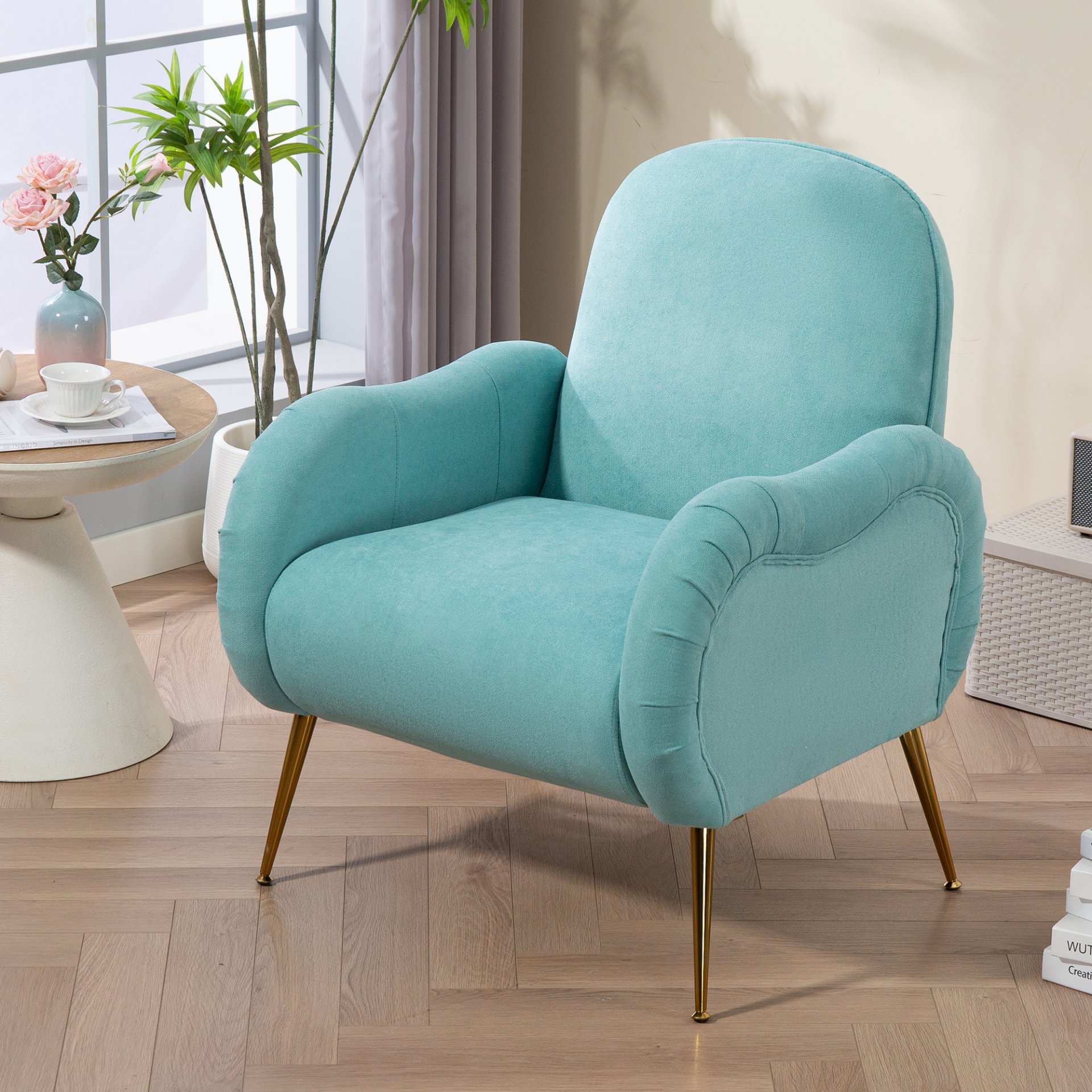 Modern Accent Chair With Metal Legs, Snowflake Fabric Armchair - Cyan - Image 2