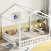 Double Twin House-Style Floor Bed With Fence, Guardrails, Without Door - White - Image 11