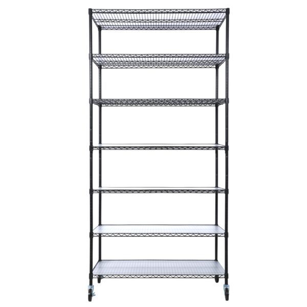7 Tier Metal Shelf Wire Shelving Unit, 2450Lbs Heavy Duty Adjustable Storage Rack With Wheels & Shelf Liners For Closet Kitchen Garage Basement Commercial Shelving - Black
