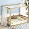 Full Size Canopy Frame Floor Bed With Fence, Guardrails - Natural - Image 7