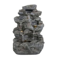 Tall Slim Fountain With LED Lights, 5 Tiered Cascading Water Feature, Outdoor Accent For Patios And Balconies - Gray