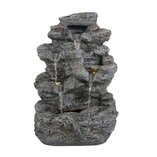Tall Slim Fountain With LED Lights, 5 Tiered Cascading Water Feature, Outdoor Accent For Patios And Balconies - Gray