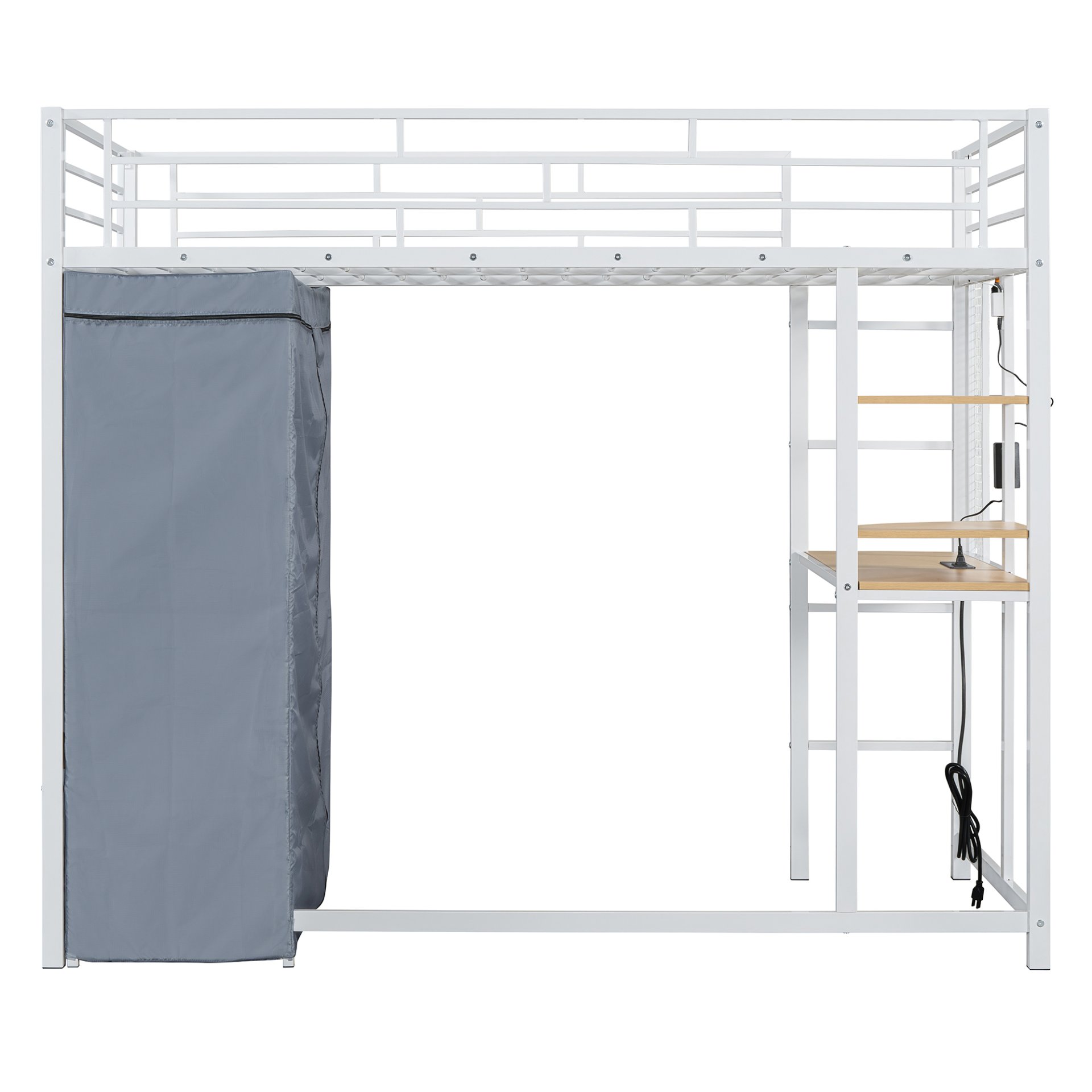 Twin Size Loft Bed With Desk, Shelves, Power Outlet, LED Light And Wardrobe - White - Image 10