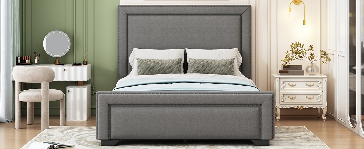 Queen Size Upholstered Bed With Slats Support, No Box Spring Needed - Gray - Image 13