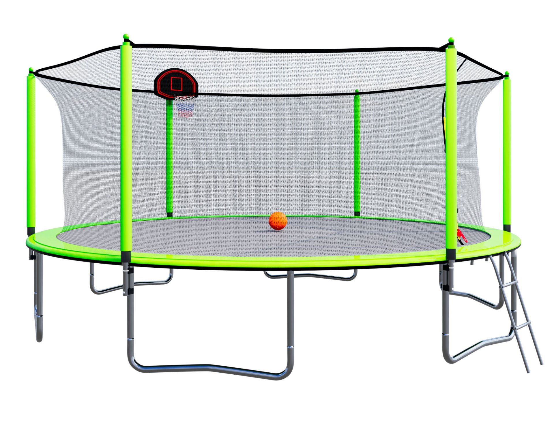 15Ft Trampoline With Basketball Hoop Inflator And Ladder (Inner Safety Enclosure) - Green - Image 10