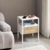 Rattan End Table With Power Outlet & USB Ports, Modern Nightstand With Drawer And Metal Legs, Side Table For Living Room, Bedroom - White - Image 4