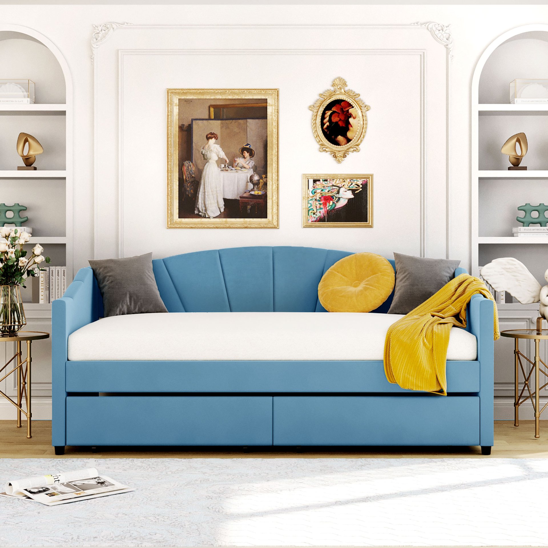 Twin Size Upholstered Daybed With Two Drawers And Slat - Blue - Image 2