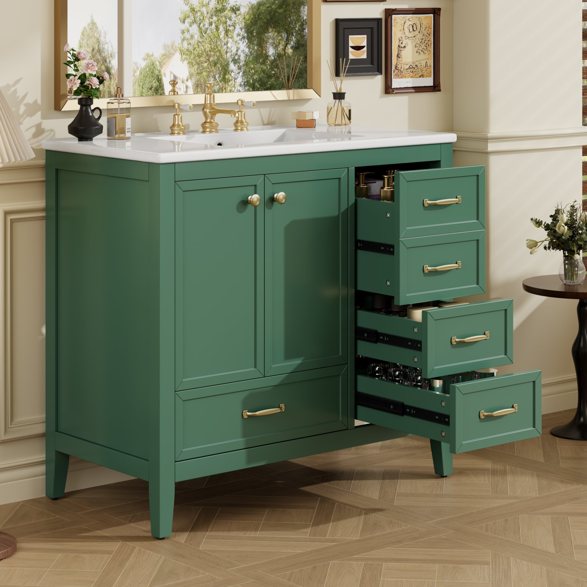 Elegant Vintage 36" Bathroom Vanity With Sink And Soft Closing Door, 4 Drawers Of Different Sizes Frame - Green - Image 5