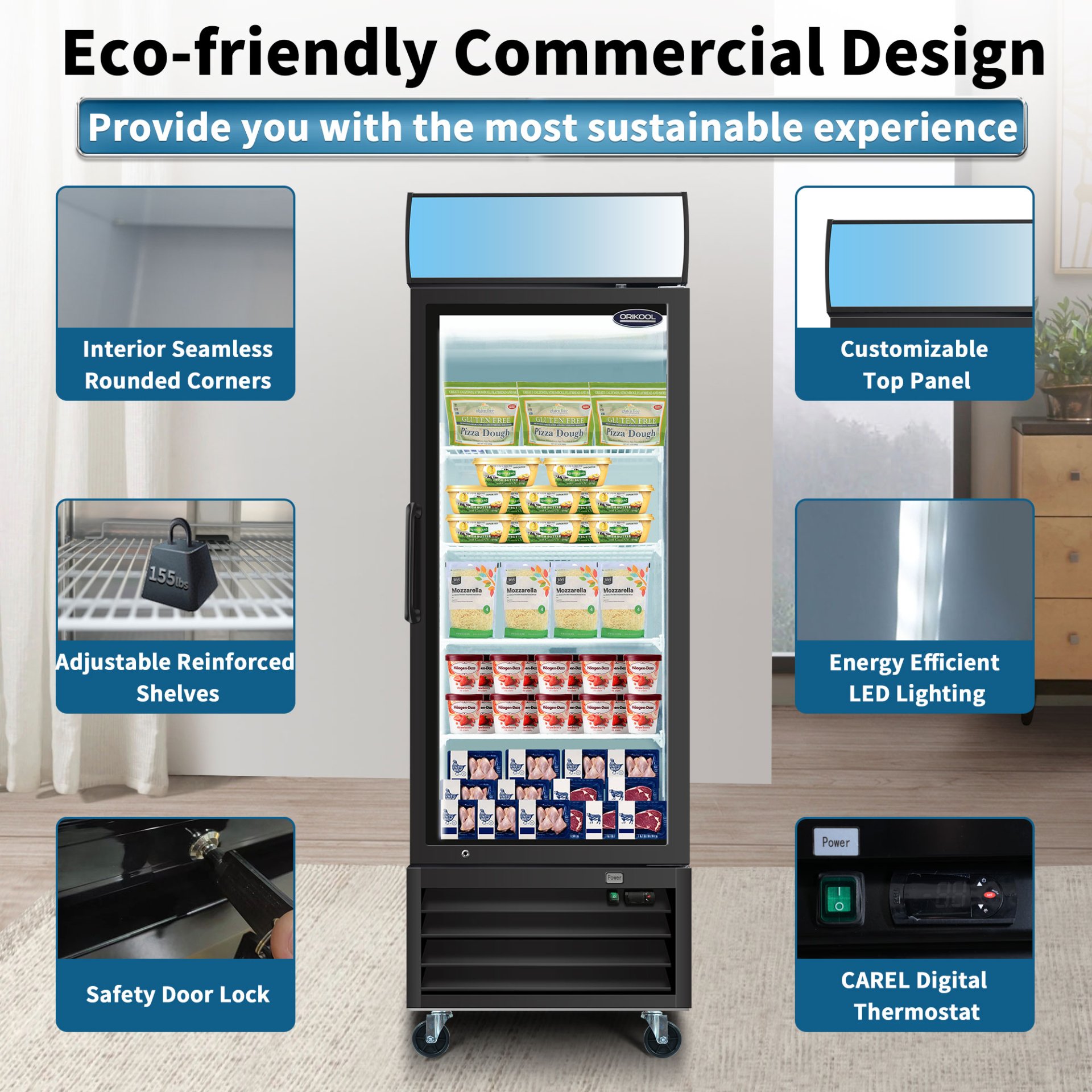 Glass Door Merchandiser Freezer 19.3 Cu.Ft Swing Door Commercial Reach-In Display Freezers With LED Top Panel Upright Freeze Storage - Black - Image 5