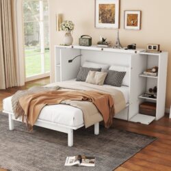 Full Size Murphy Bed With Shelves, Drawers And USB Ports - White