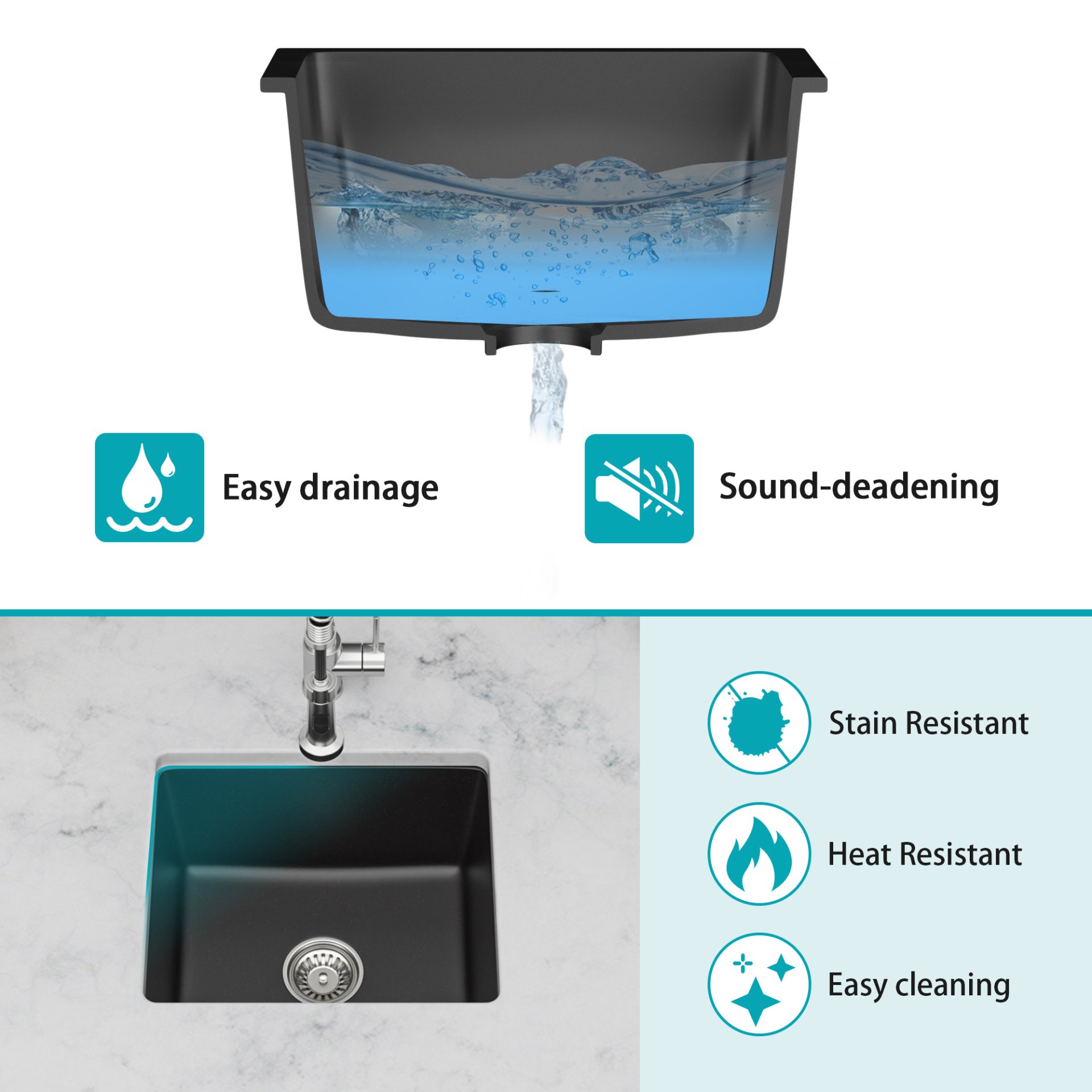 Undermount Single Bowl Kitchen Sink, With Durable Non Porous Surface - Black - Image 10