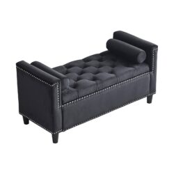 Storage Bench, Queen Velvet Button Bedside Bench, Entryway Living Room With Armrests, Nailhead Trim, Upholstered Bedroom Bench, Bedside Ottoman, Living Room, Entryway - Black