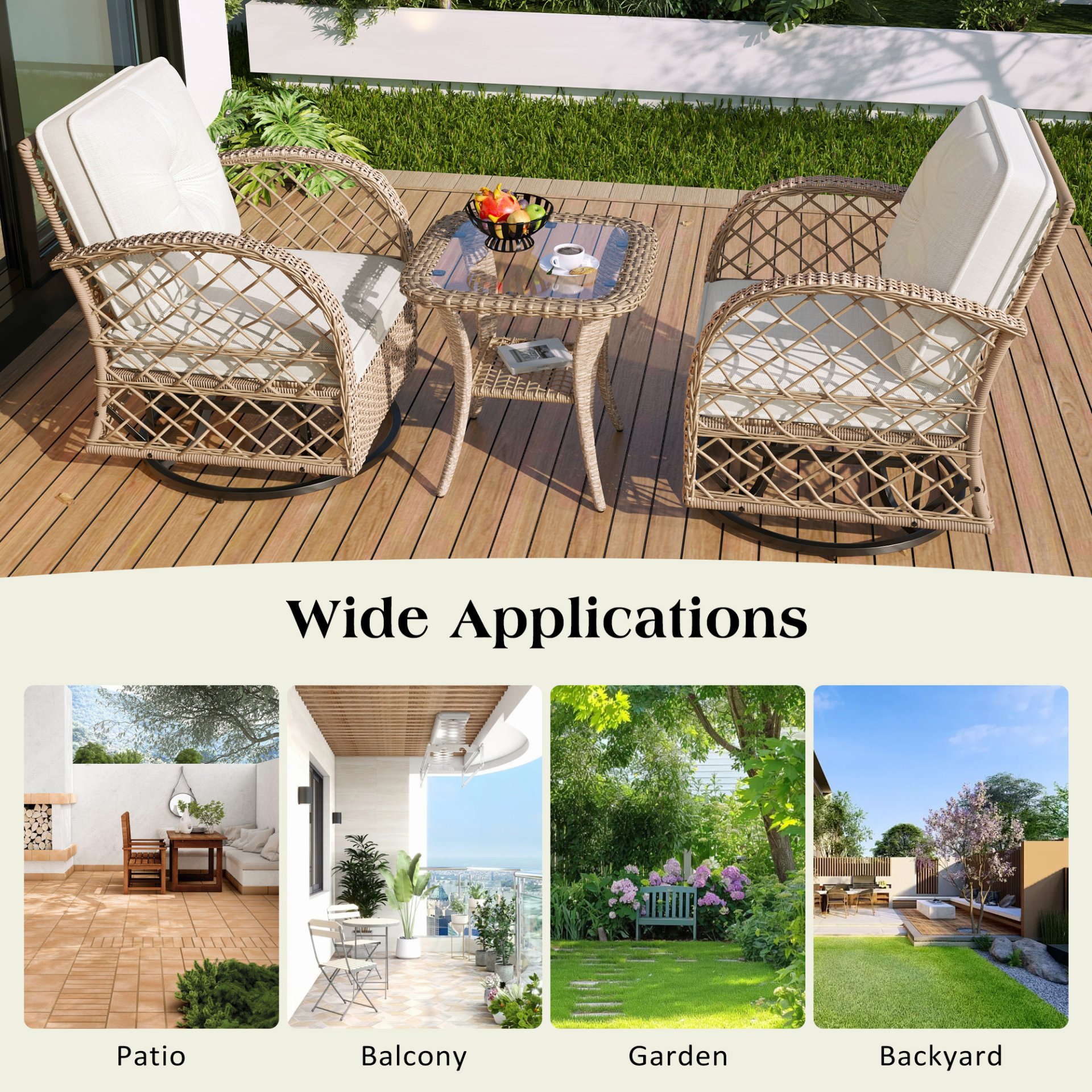 3 Piece Outdoor Chair & Table Set Chat Set 2 Person Rattan Seating Group With 2 Swiveling And Rocking Chairs And A Square Table For Garden, Patio, Or Balcony - Natural - Image 7