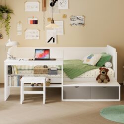Twin Size Daybed With Storage Shelves And Lockers, Multi Functional Bed With Study Desk And Matching Stool - White
