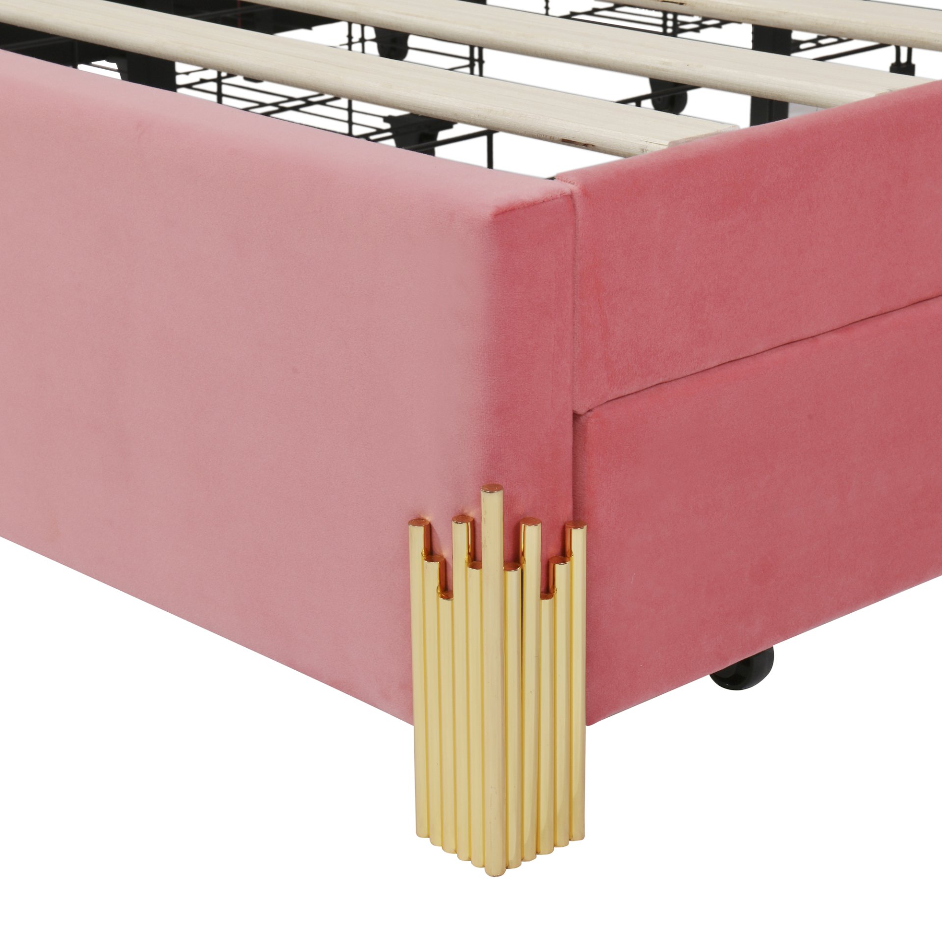 Queen Size Upholstered Platform Bed With LED Lights And 4 Drawers, Stylish Irregular Metal Bed Legs Design - Pink - Image 12