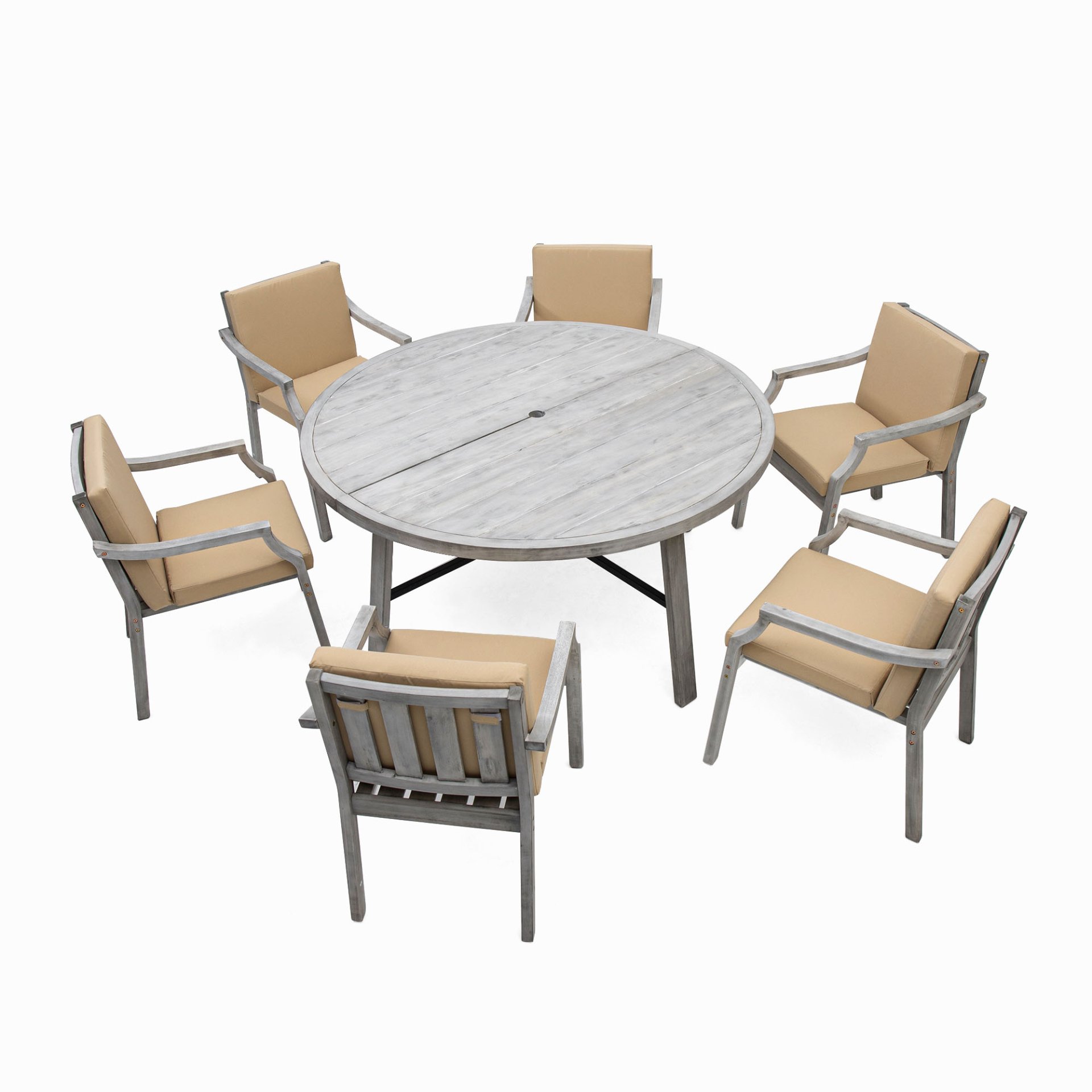 6 Person Outdoor Wooden Dining Set With Umbrella Hole And Removable Cushions For Patio - Gray - Image 12