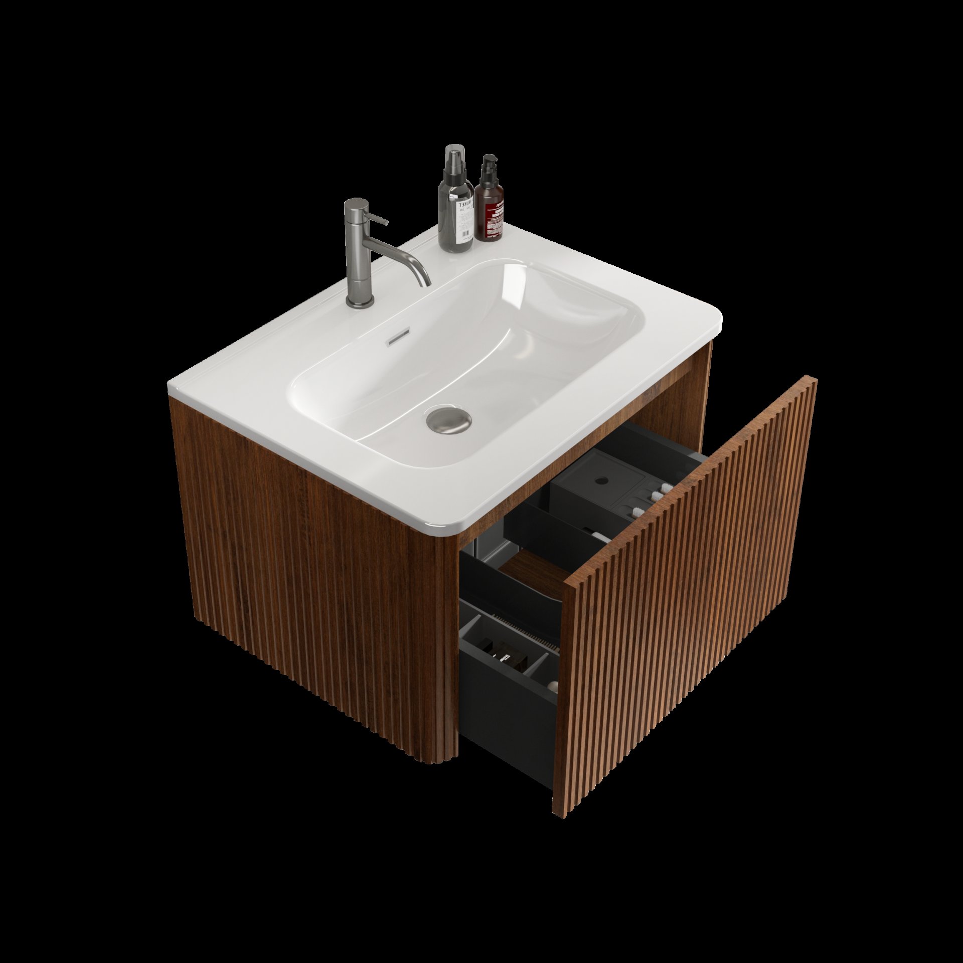 Etna - Striped Bathroom Vanity With Ceramic Sink, Wall Mounted Floating Bathroom Vanity For Modern Bathroom - White / Walnut - Image 4