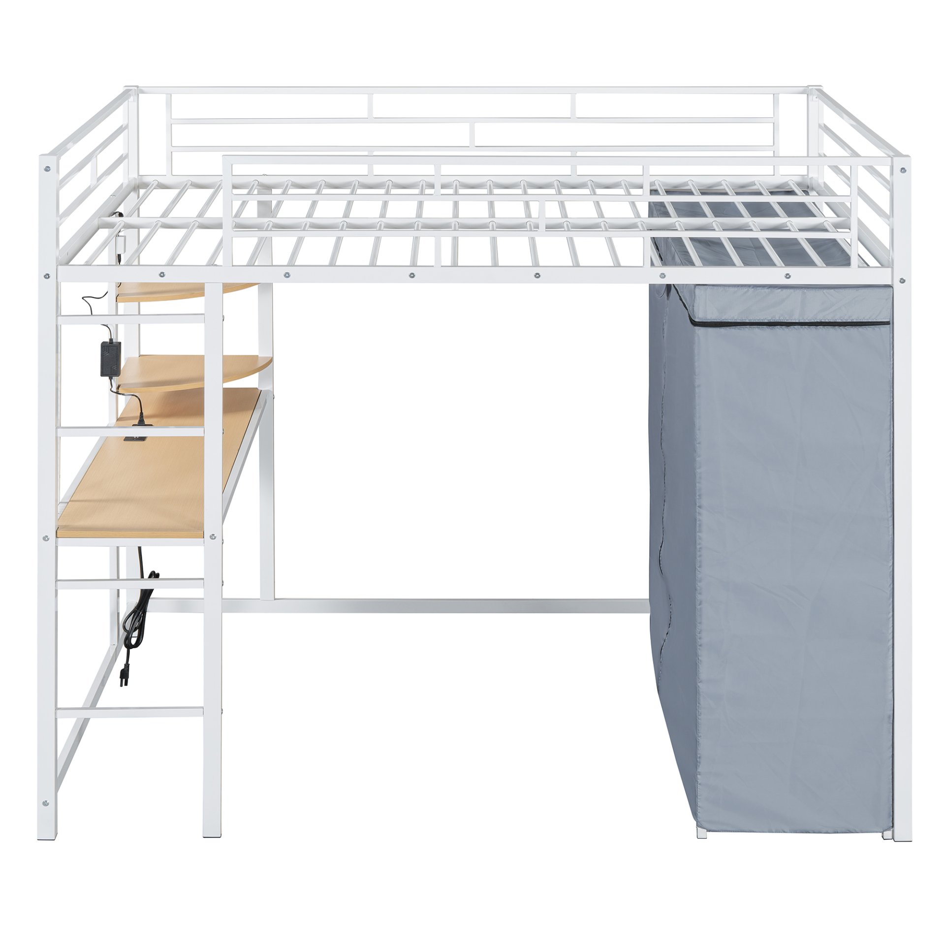 Full Size Loft Bed With Desk, Shelves, Power Outlet, LED Light And Wardrobe - White - Image 4