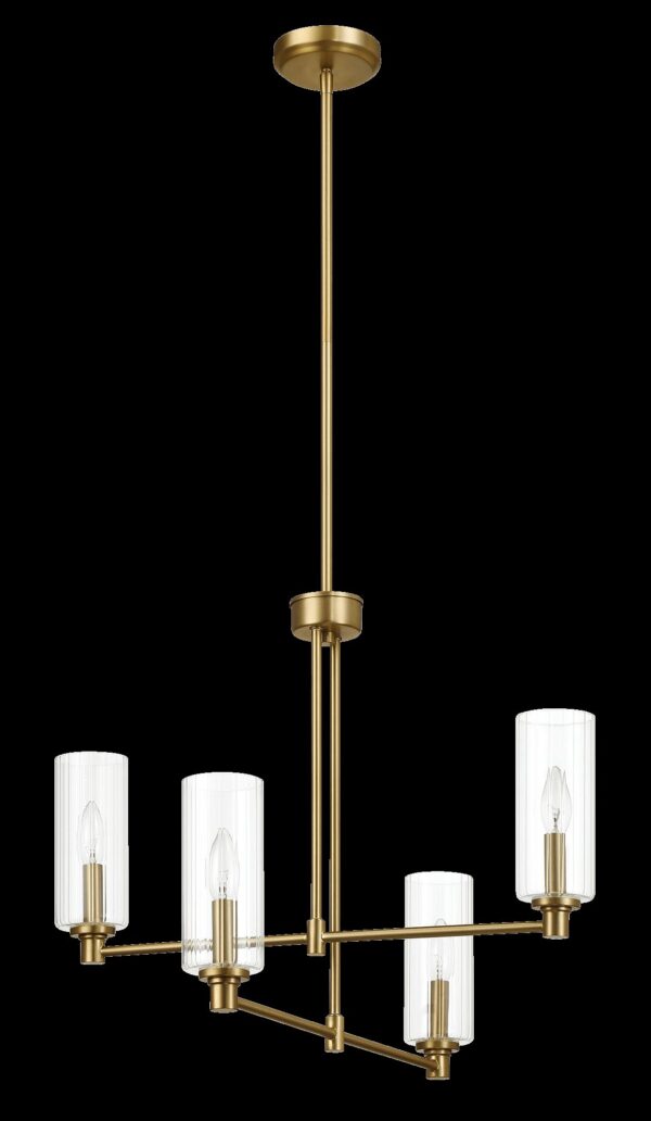 Enigma - 4 Lights Chandelier With Clear Ribbed Satin - Antique Brass / Clear / Gold