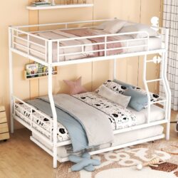 Full Long Over Queen Metal Bunk Bed With Trundle - White
