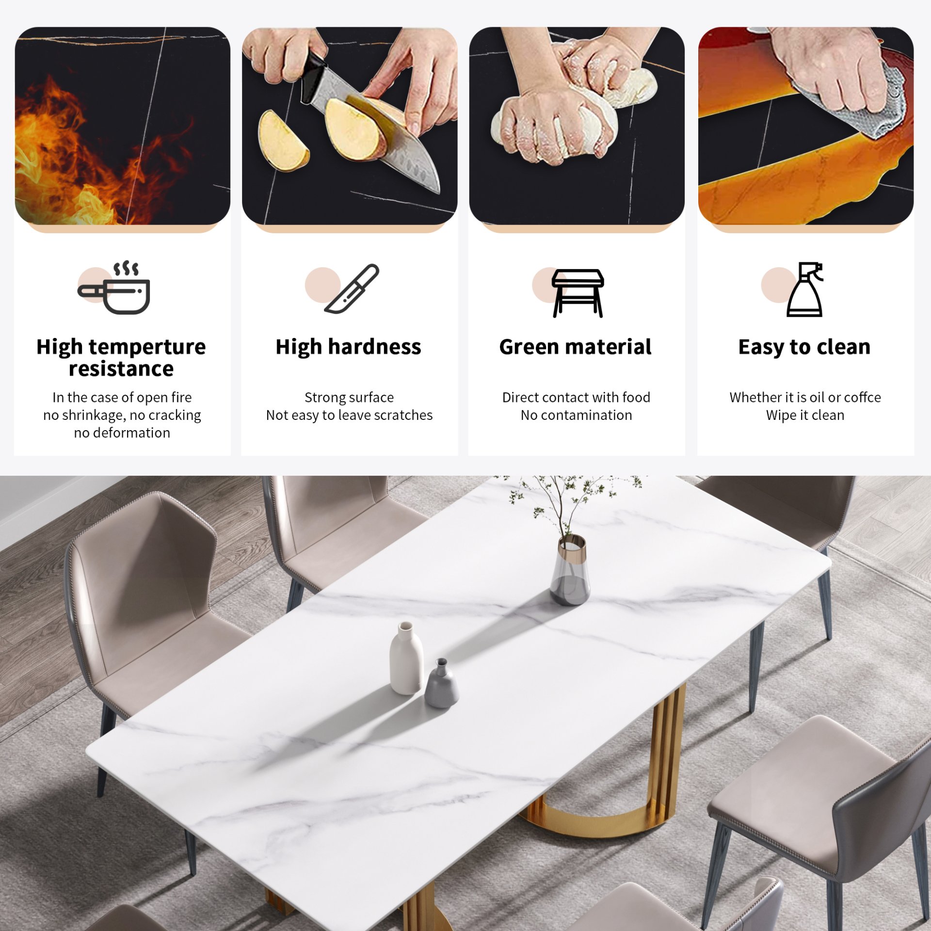 70.87" Modern Artificial Stone White Straight Edge Golden Metal Leg Dining Table, Can Accommodate 6-8 People - White / Gold - Image 11