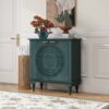 Hollow Carved 2 Door Accent Cabinet With Adjustable Shelf, Sideboard Buffet For Entryway, Living Room Or Bedroom - Blackish Green - Image 4