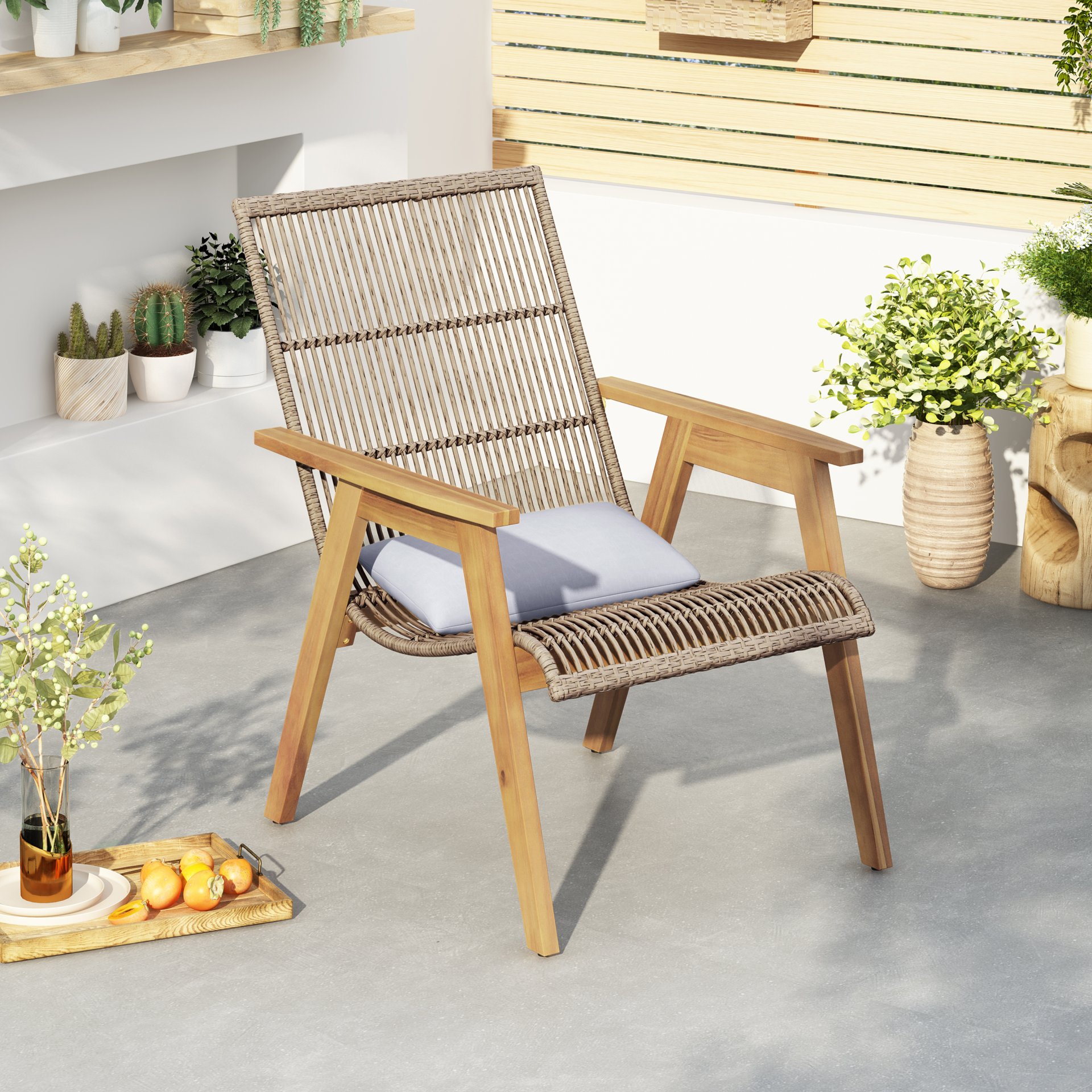 Acacia Wood Cape Woven Wicker Large Lounge Chair With Pillow For Patio, Deck, Yard, Lawn And Garden Seating Wicker (Set of 2) - Teak - Image 7