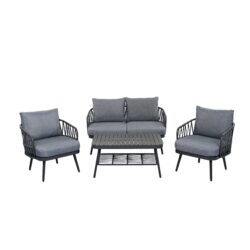 4 Piece Outdoor Patio Furniture Set, Metal Chairs With Woven Rope U Shaped Backrest, Outdoor Conversation Set With Thick Cushions And Coffee Table For Garden, Poolside, Balcony - Black / Gray