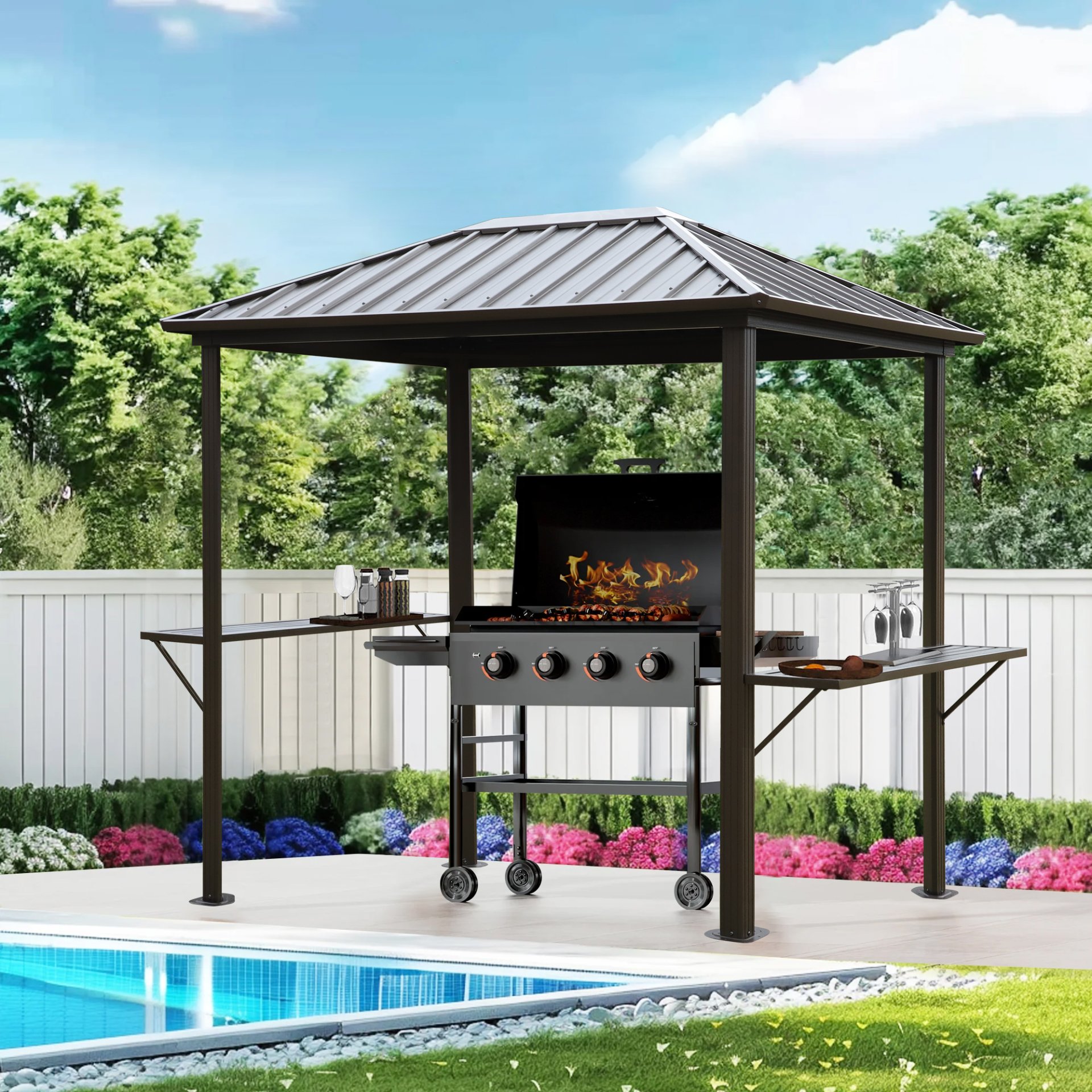 Grill Hardtop Gazebo Outdoor Metal Hard Top Gazebo, Permanent Bbq Gazebo With Galvanized Steel, Aluminum Framed Pavilion With Shelves - Dark Brown - Image 4