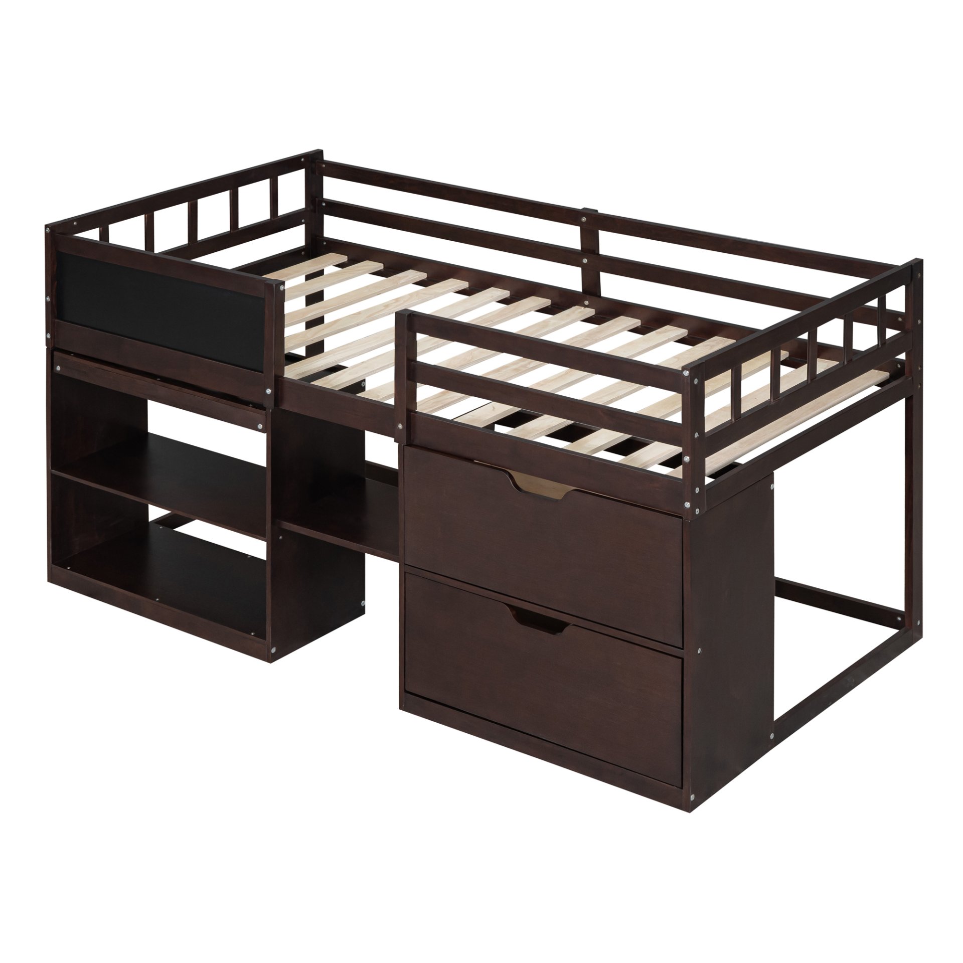 Twin Size Low Loft Bed With Rolling Desk, Shelf And Drawers - Espresso - Image 8