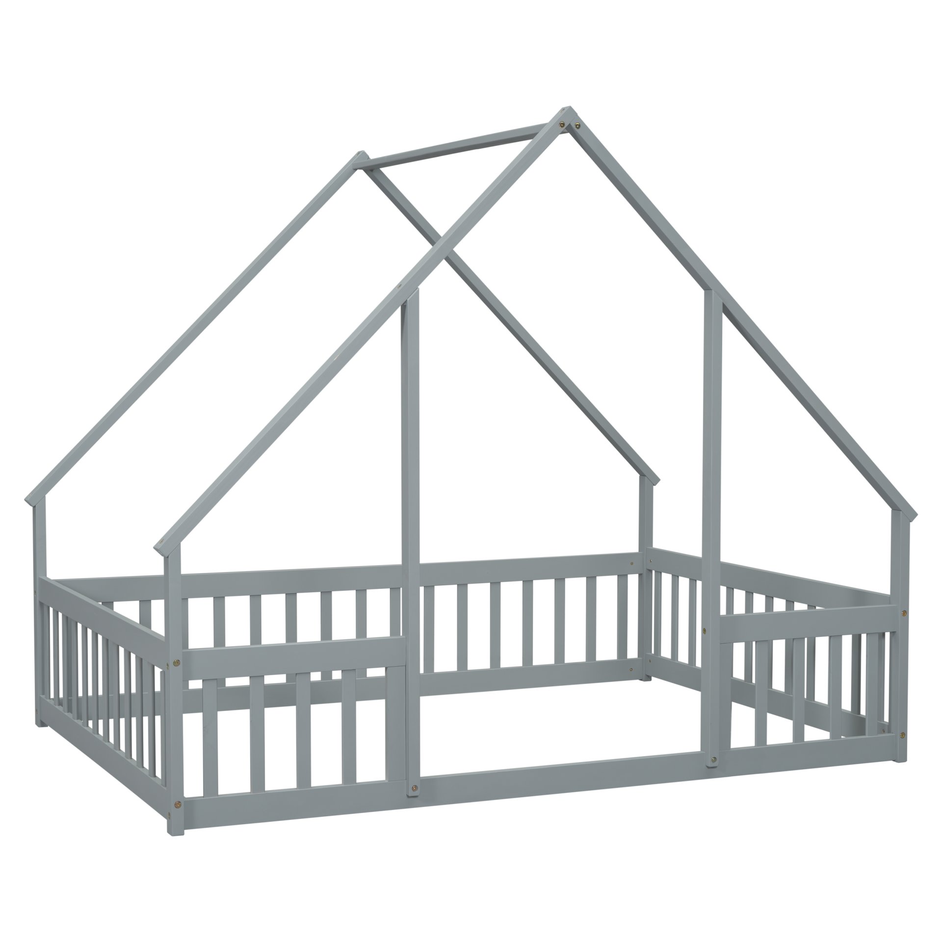 Full Wood House-Shaped Floor Bed With Fence, Guardrails - Gray - Image 18
