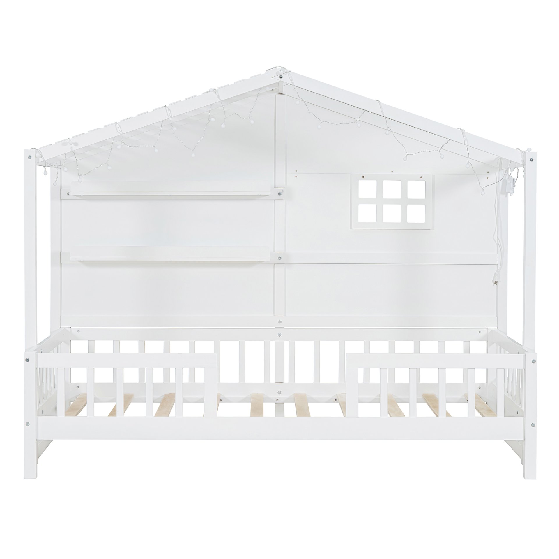 Twin Size House Bed With Shelves, Window And Sparkling Light Strip On The Roof - White - Image 10