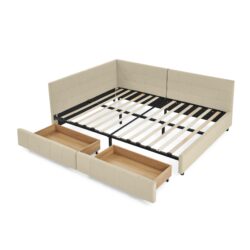 Mid Century Full Size Storage Upholstered Tufted Bed Frame With Backrest And Armrests Velvet - Beige