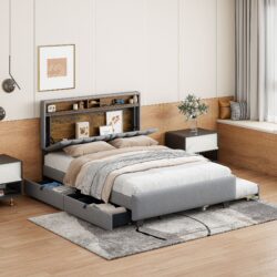 Queen Size Upholstered Platform Bed With Storage Headboard, Twin Long Size Trundle & 2 Drawers And A Set Of Sockets & USB Ports - Gray