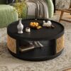 Wooden Mid-Century Modern Coffee Table, Round Cane Coffee Table With Side For Living Room - Dark Brown - Image 3