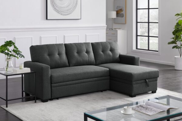 Upholstered Pull Out Sectional Sofa & Chaise - Dark Gray