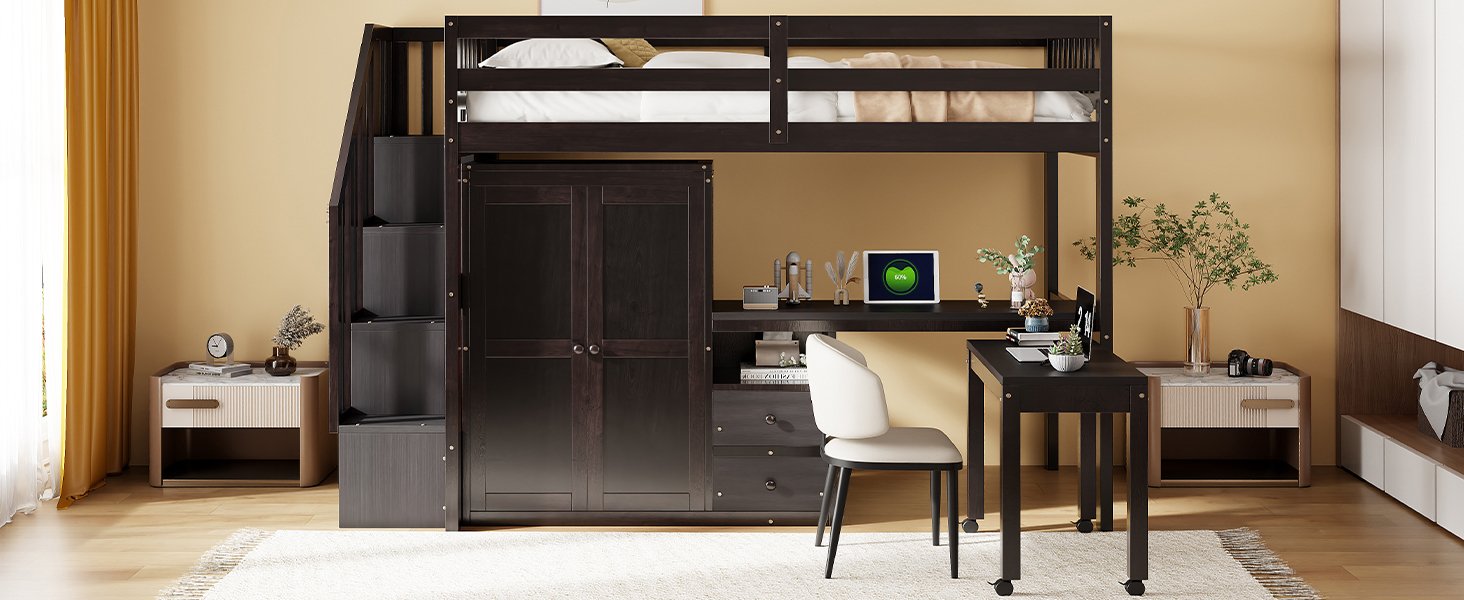 Twin Size Loft Bed With Stairs, Bookshelf, Drawers, Desk & Wardrobe, Space Saving Multifunctional Furniture - Espresso - Image 22