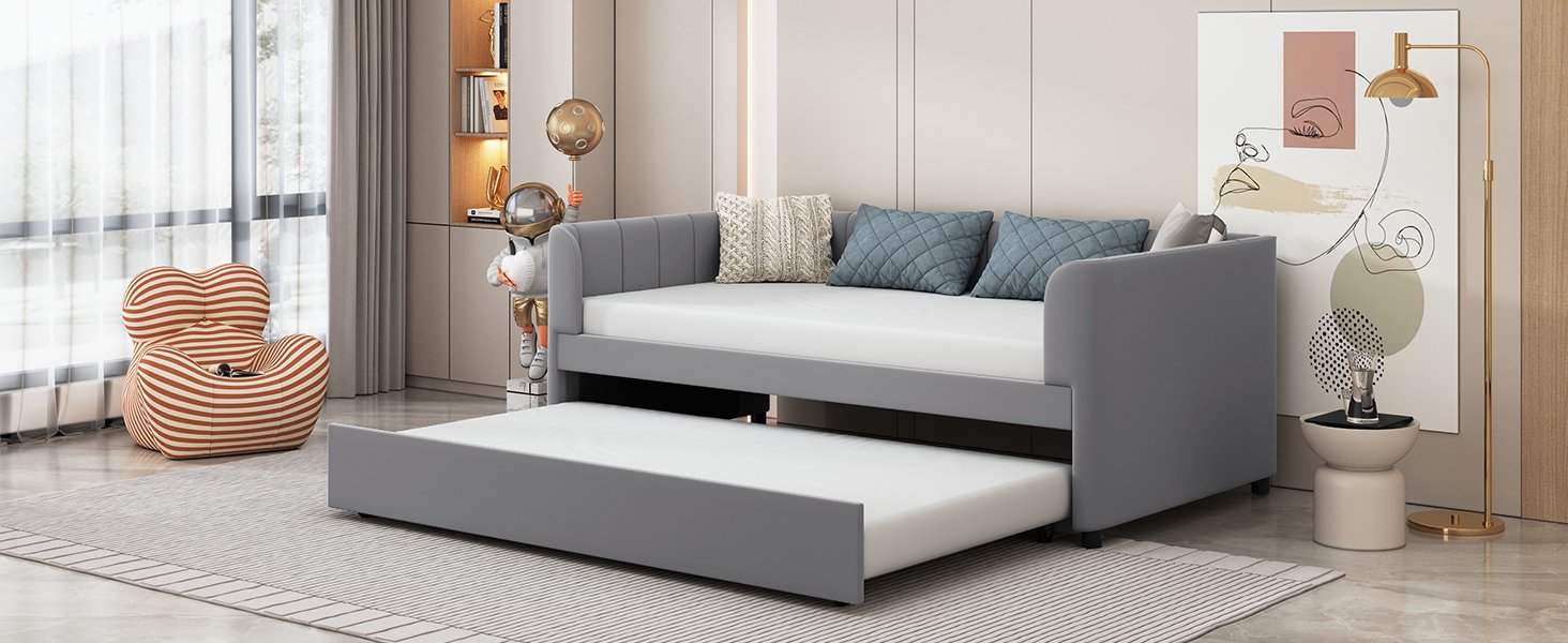 Twin Size Upholstered Daybed With Ergonomic Design Backrest And Trundle - Gray - Image 14