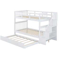 Twin Over Twin Stairway Bunk Bed With Twin Size Trundle For Bedroom - White