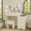Fashion Vanity Desk With Mirror And Lights For Makeup And Cushioned Chair, Adjustable 3 Color Lighting - White - Image 6